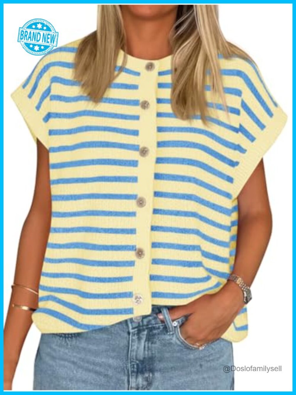 Striped Cap Sleeve Sweater Vest Button Down Cardigan Top